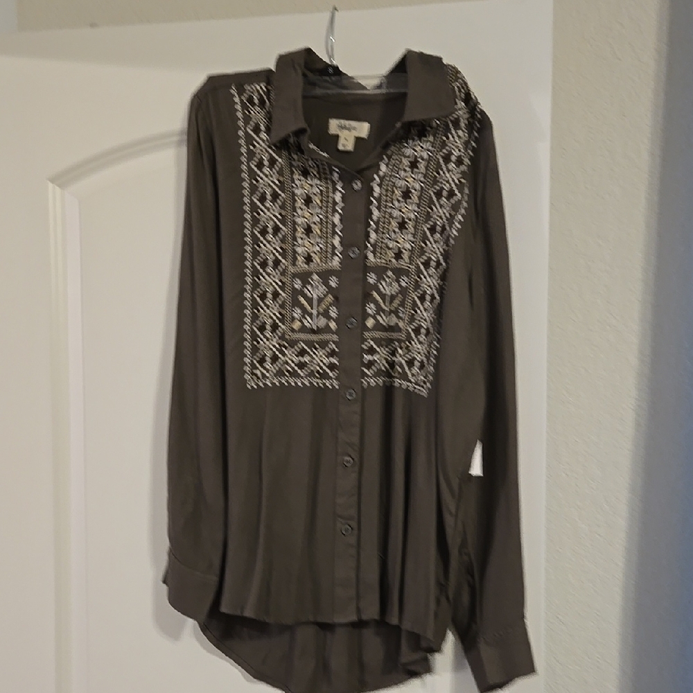 Style & Co Embroidered Button-Up Blouse - Olive